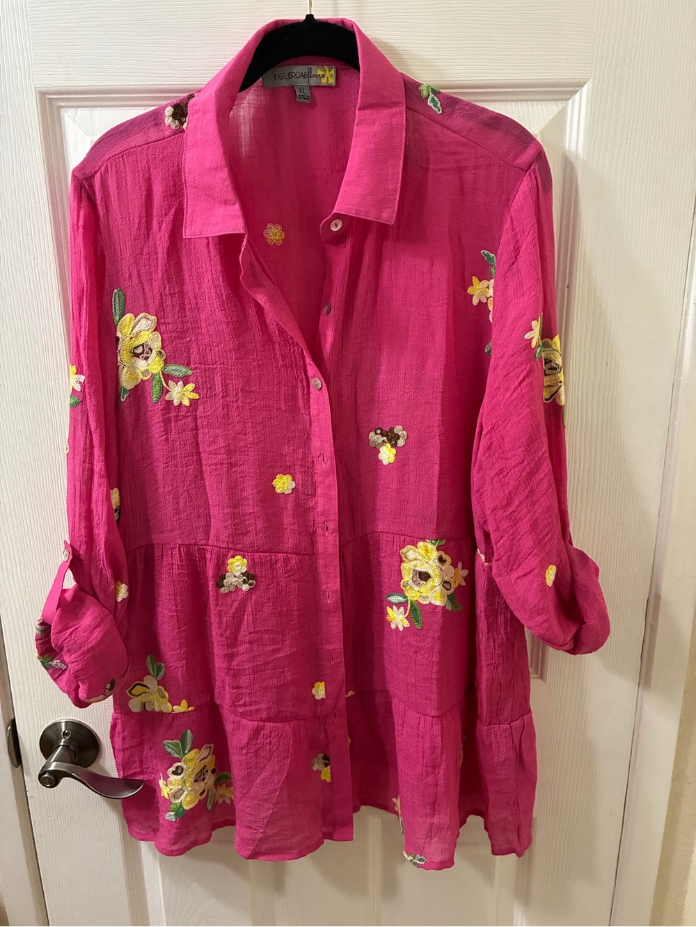 Roll-Tab Floral Embroidered Tunic in Hot Pink - Women's